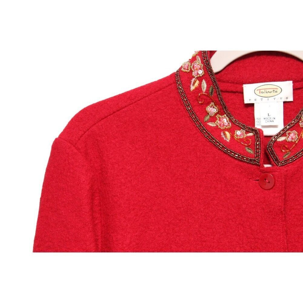 Talbots Jacket Size Large Petite 100% Wool Red Classic Embroidered Sequin Beaded - Picture 6 of 15